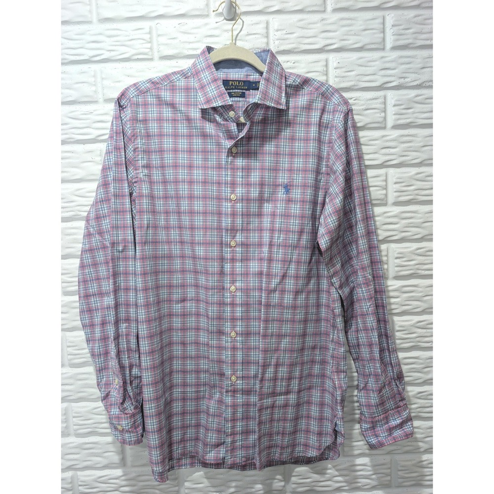 Polo Ralph Lauren Mens Medium Pink Blue Plaid Cotton Stretch Button Down Shirt